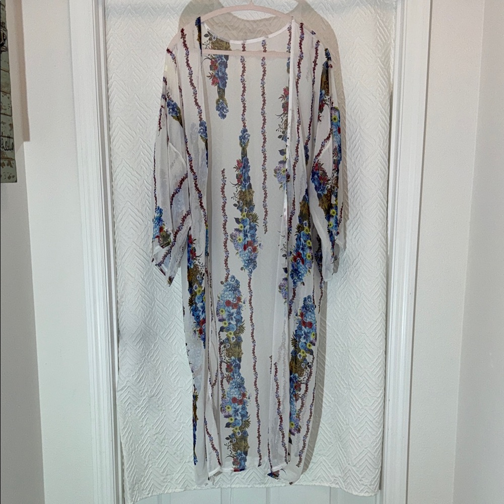 Sheer Floral Stripe Kimono Duster - White with Blue & Green Floral